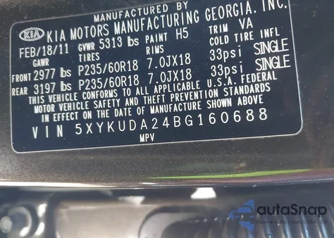 2011 Kia Sorento Lx V6 из США, поврежденный, VIN 5XYKTDA22BG119673